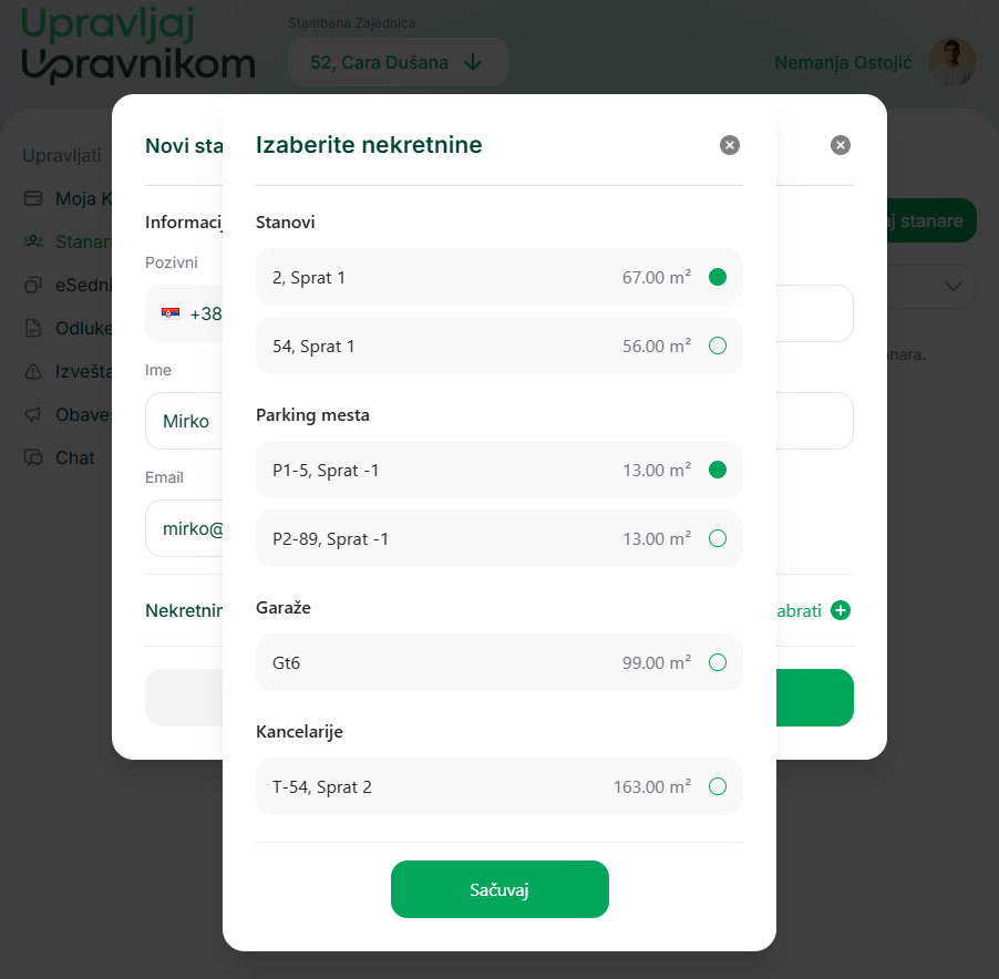 Ekran: Pridruživanje nekretnine stanaru