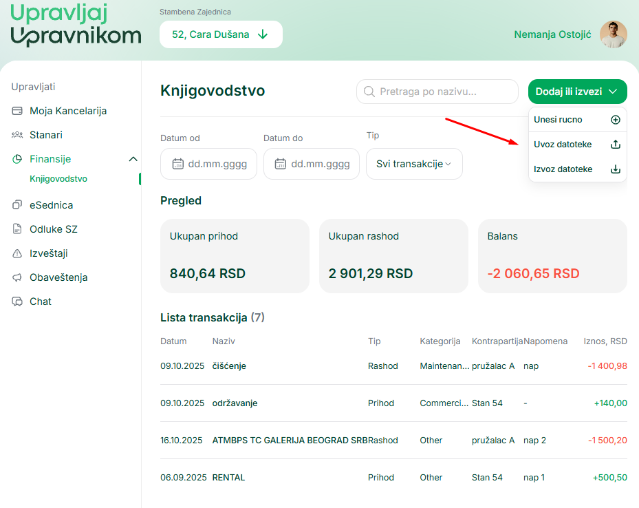 Lista transakcija sa prikazom detalja i zbirnim pregledom prihoda, rashoda i bilansa