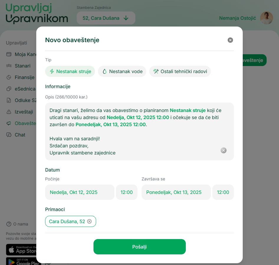 Kreiranje novog obaveštenja — dijalog za unos tipa, perioda važenja i zgrada