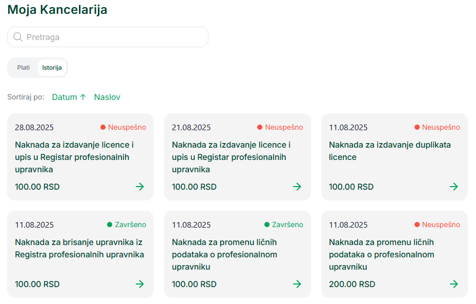 Istorija plaćanja sa prikazom statusa uspešnih i neuspešnih uplata