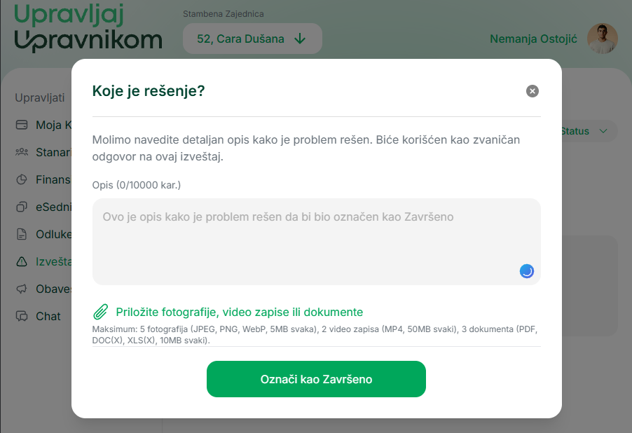 Pregled završenog izveštaja sa vidljivim završnim komentarom