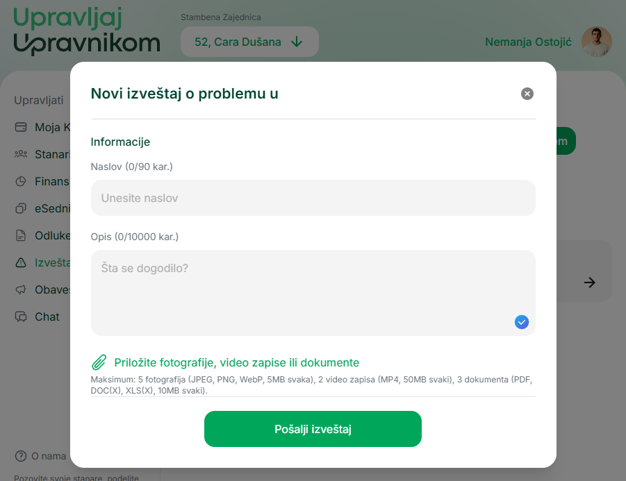 Kreiranje novog izveštaja — dijalog za unos naslova, opisa i priloga