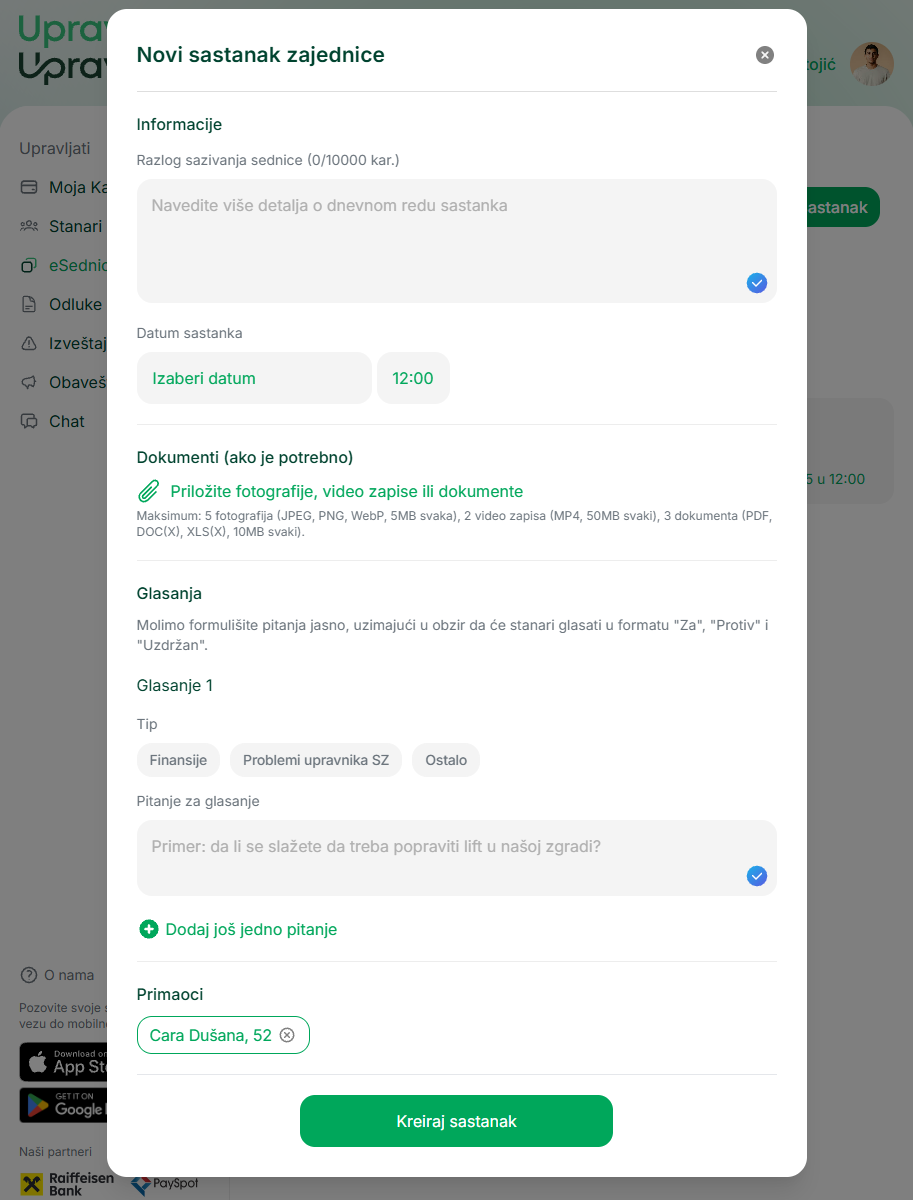 Dijalog za planiranje nove eSednice sa poljima: razlog, datum i vreme, prilozi i pitanja