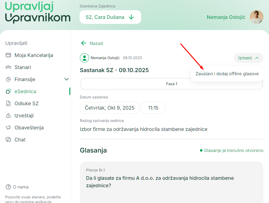 Prikaz liste tačaka i dugmeta ‘Zaustavi i dodaj offline glasove’ u odeljku E7
